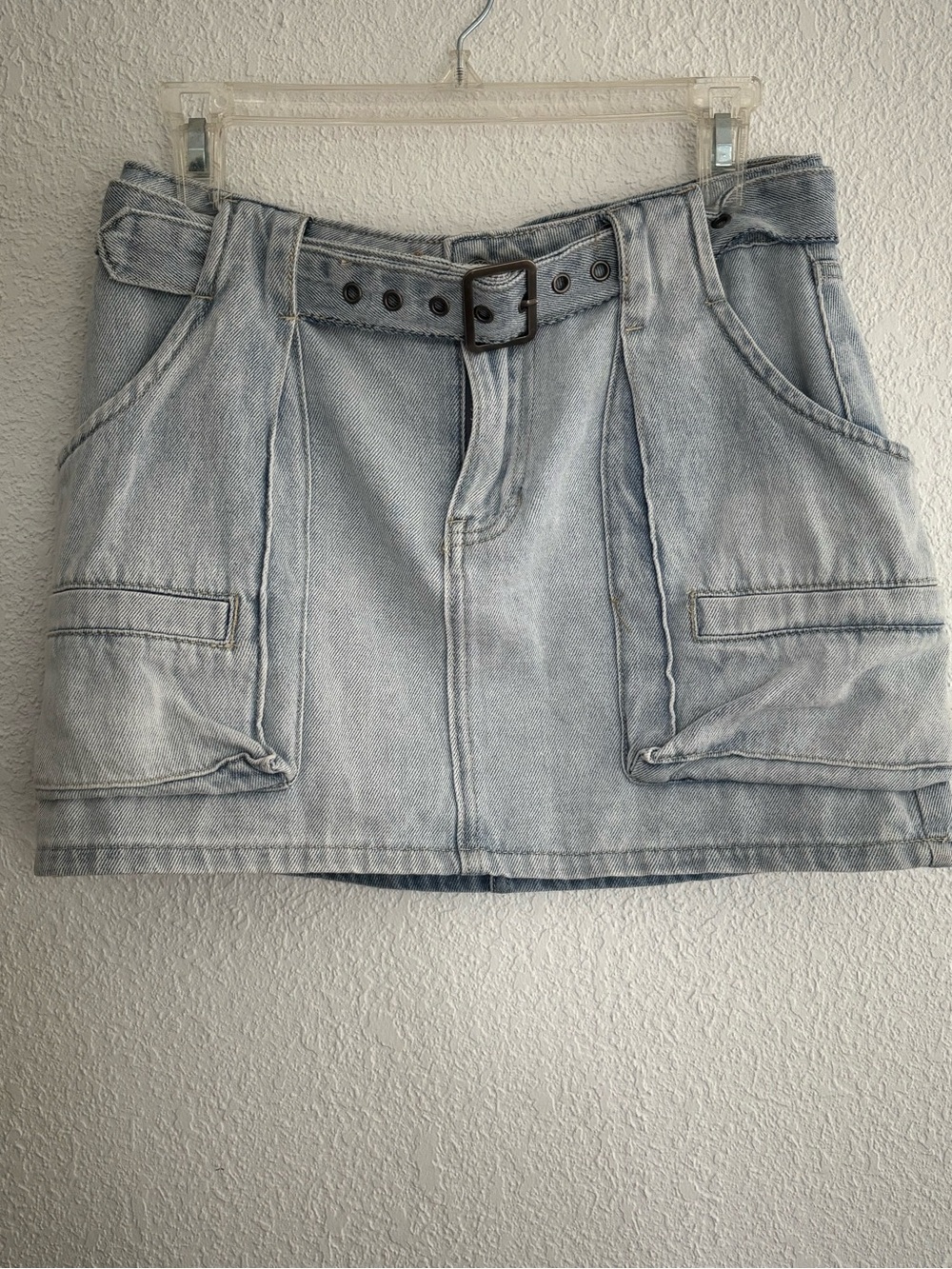 Light Washed Denim Mini Skirt with Belted Waist